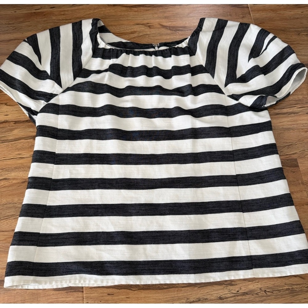 Ann Taylor Linen Blend‎ Striped Puff Sleeve Blouse Top Black White Zipper Sz 14